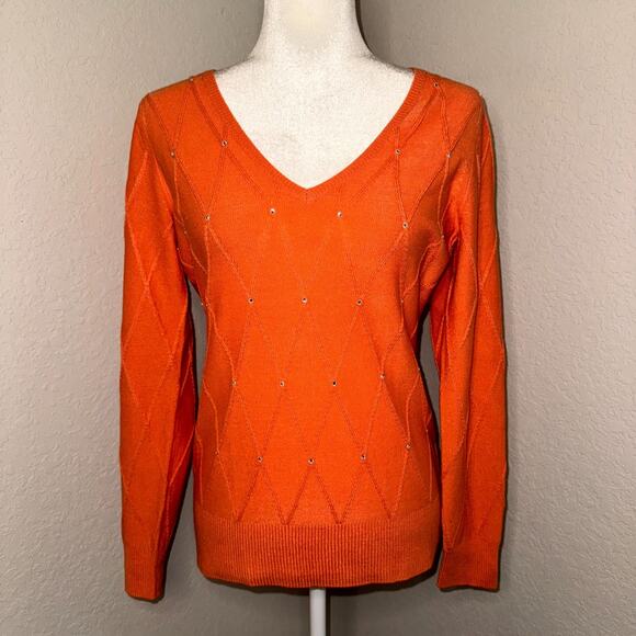 New York & Company Sweater Women’s Small Orange Argyle Rhinestone Knitted Winter - Picture 1 of 9